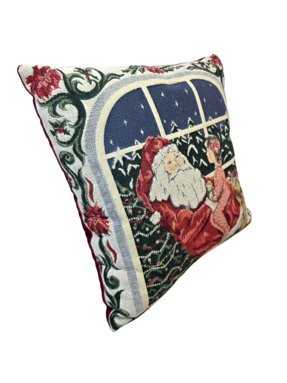 Vintage 90s Needlepoint Santa Pillow 16 in Sq Christmas Tapestry Cushion Holiday